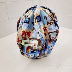 Doctor Nurse Dog Print Stripe REVERSIBLE Scrub Cap Bouffant Medical Surgery Hat